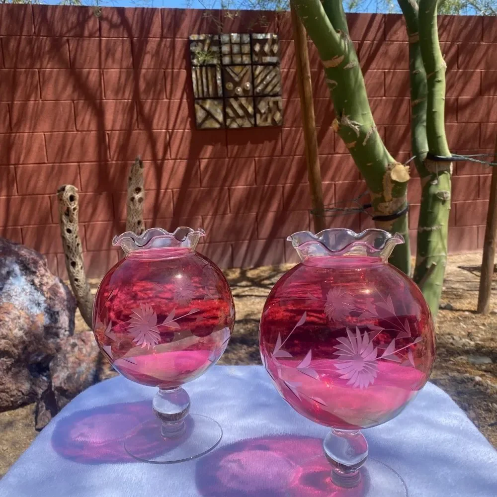 2 Vtg  cranberry round vases 2 w/etched flowers on a base. 50s 60s